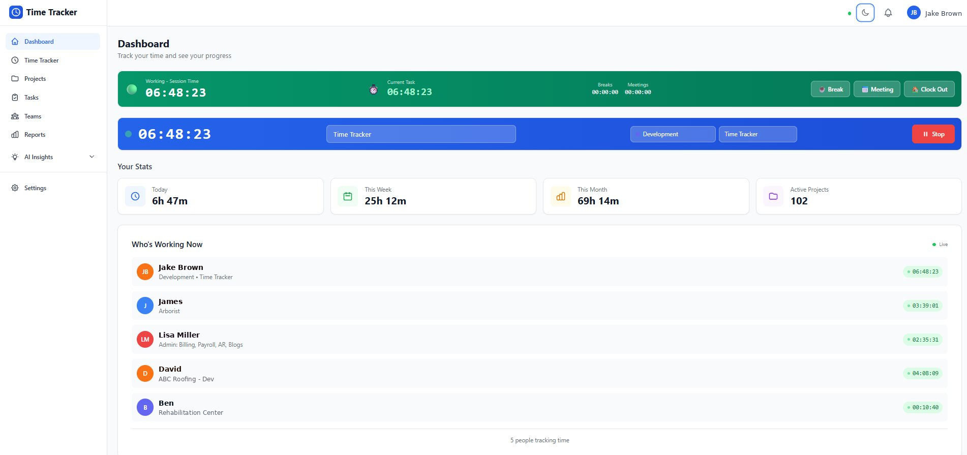Personal dashboard with a running session timer, daily and weekly stats, and the live Who's Working Now team list